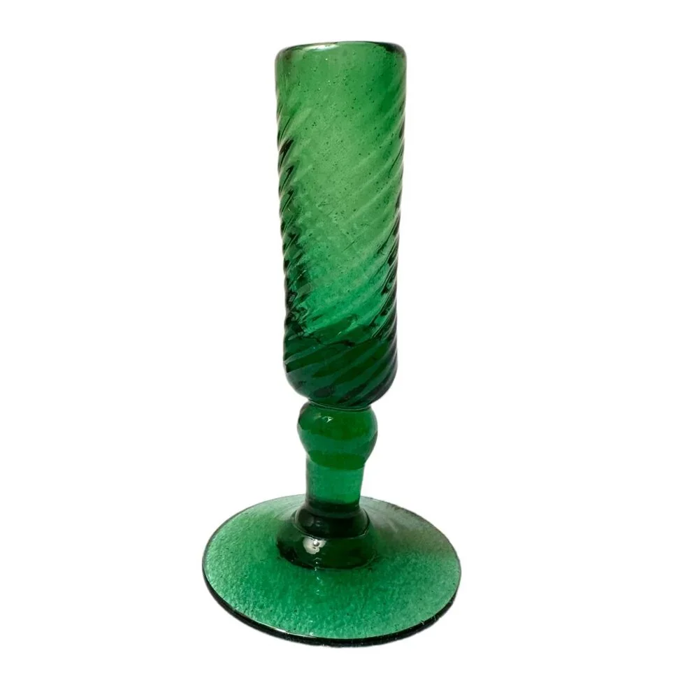 Vintage  green colored hand blown swirled glass flower bud vase